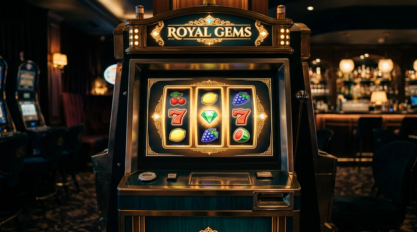 Colorful slot machine reels with Sweeps Coin symbols glowing in a dimly lit gaming lounge