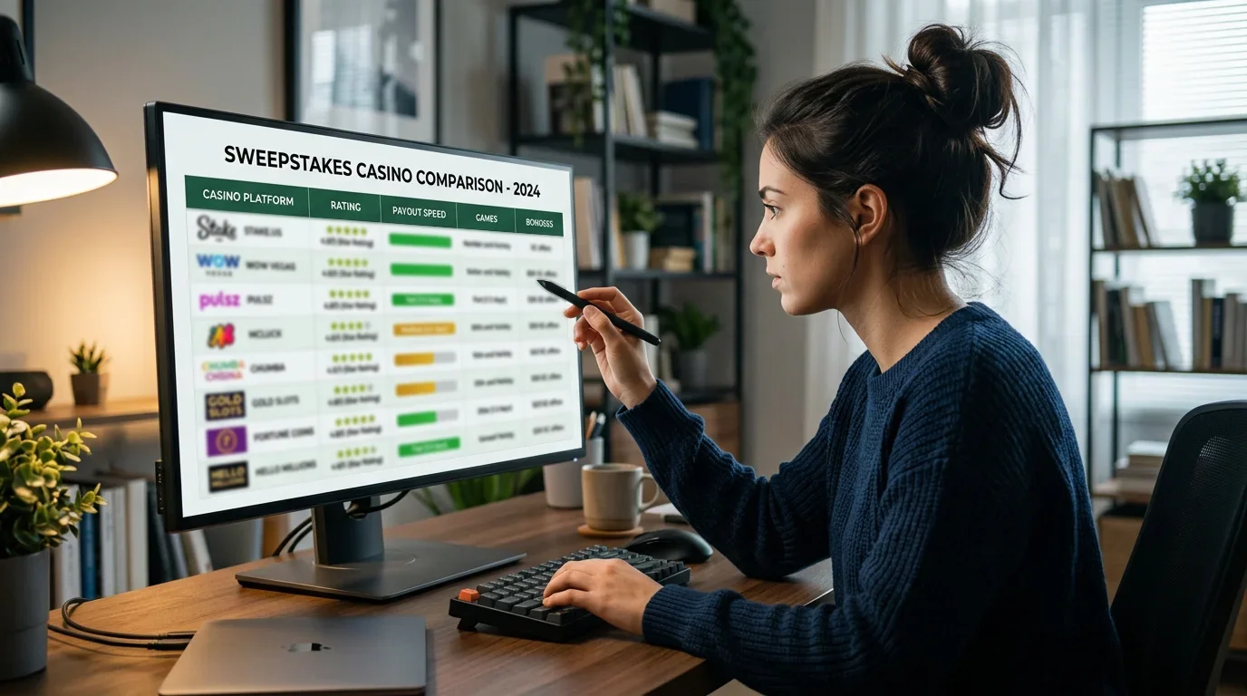 Best sweepstakes casinos comparison — analyst reviewing platform rankings on a monitor with data charts