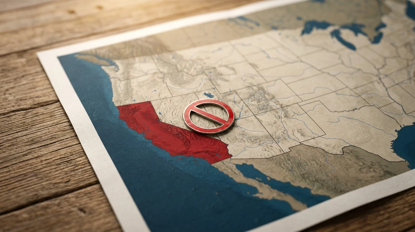 California state outline on a map with a red prohibition symbol overlaid