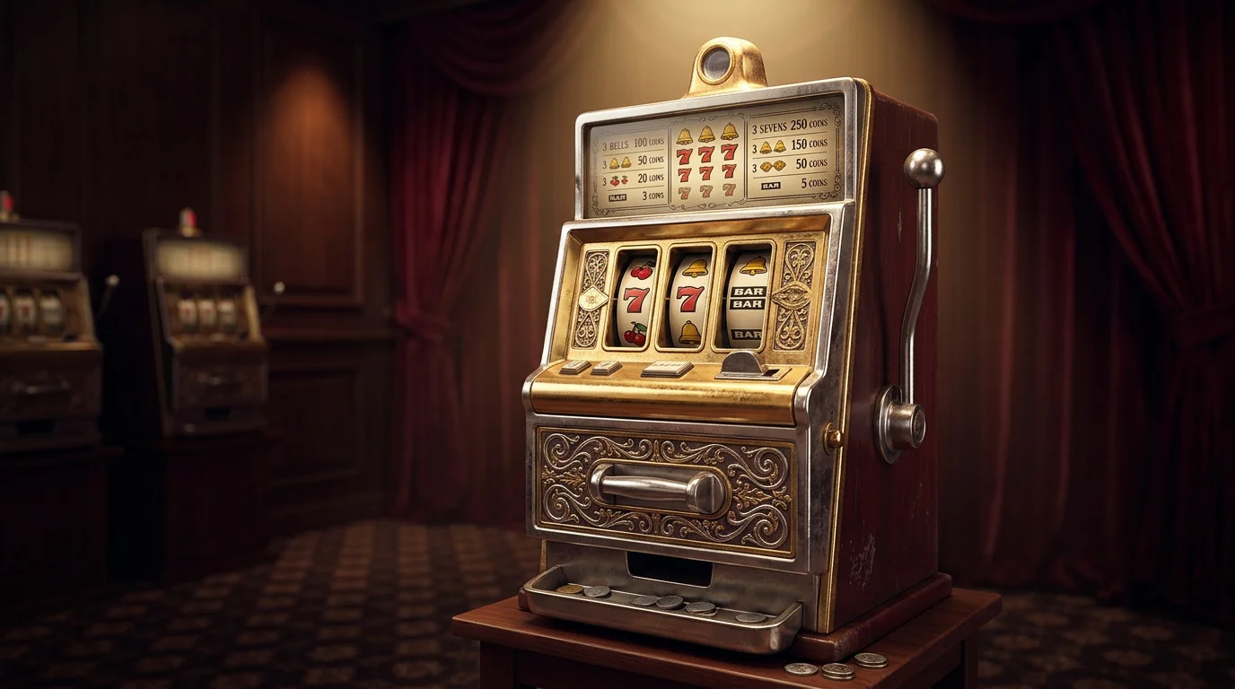 Vintage-style slot machine with gold accents under a warm spotlight in a classic casino setting