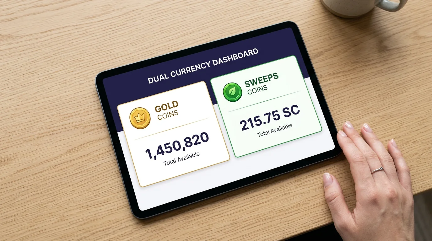 Dual-currency system explained — Gold Coins and Sweeps Coins displayed side by side on a player dashboard