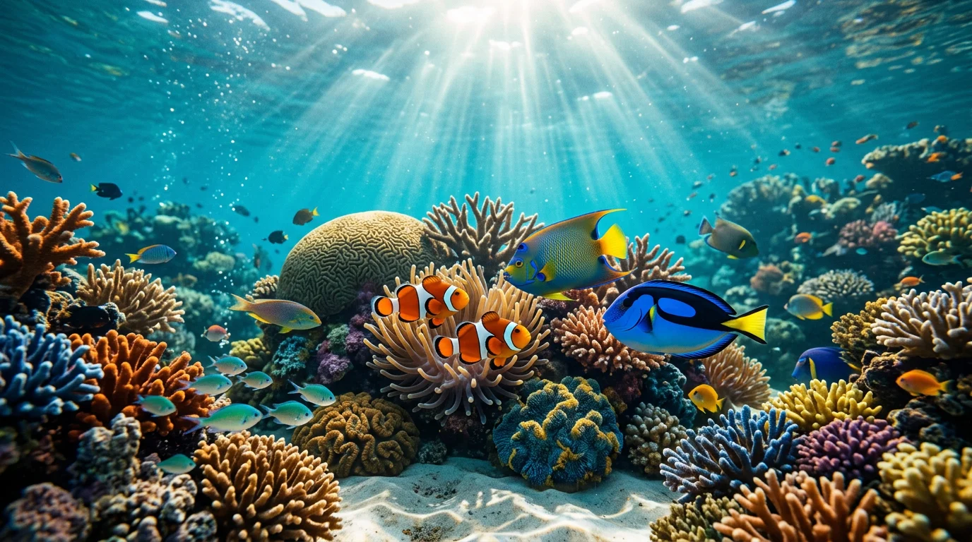 Vibrant underwater scene with colorful tropical fish swimming among coral reefs