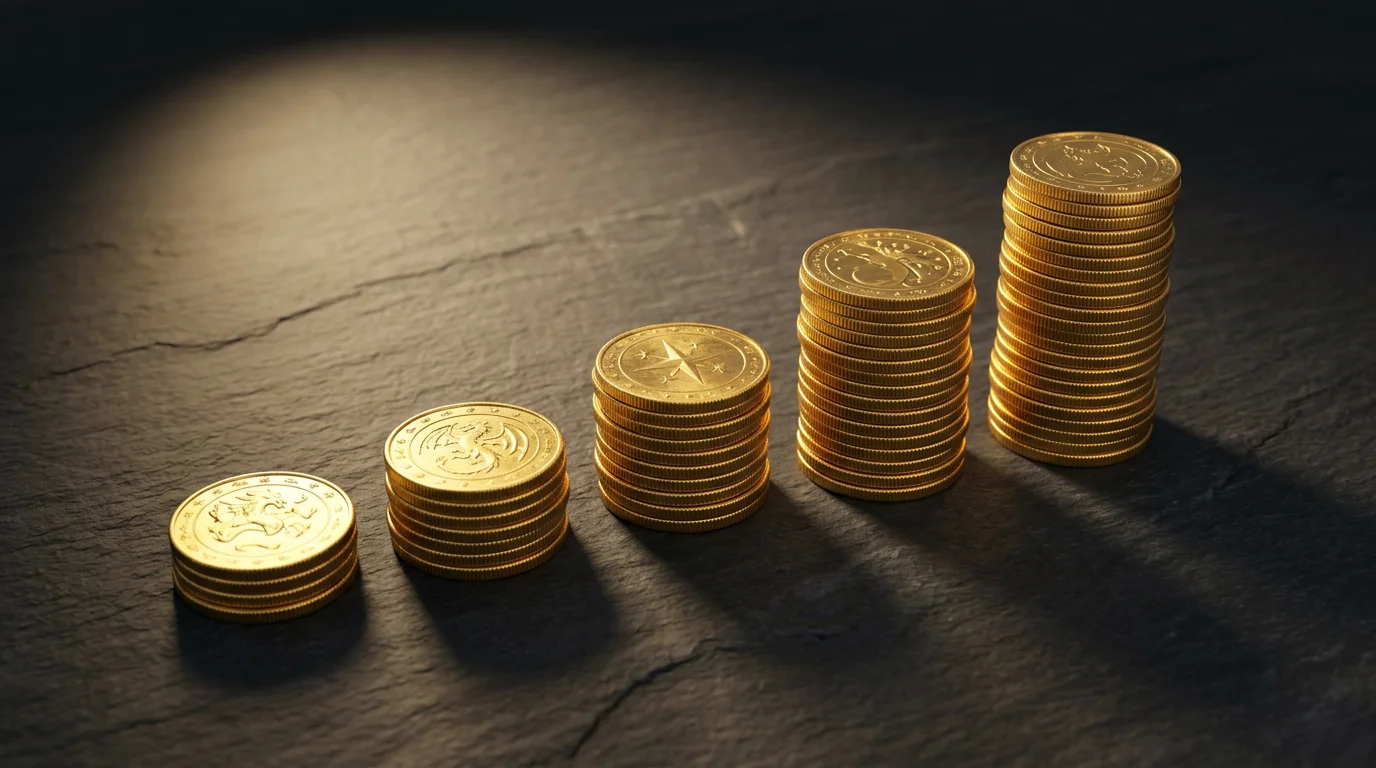 Stacks of gold coins arranged in ascending order on a dark surface with warm lighting