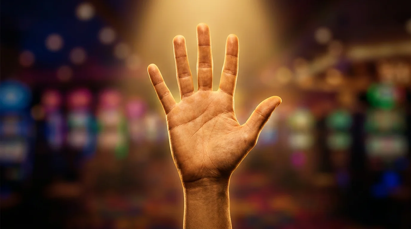 A raised hand showing five fingers with a soft golden glow and casino-themed bokeh background