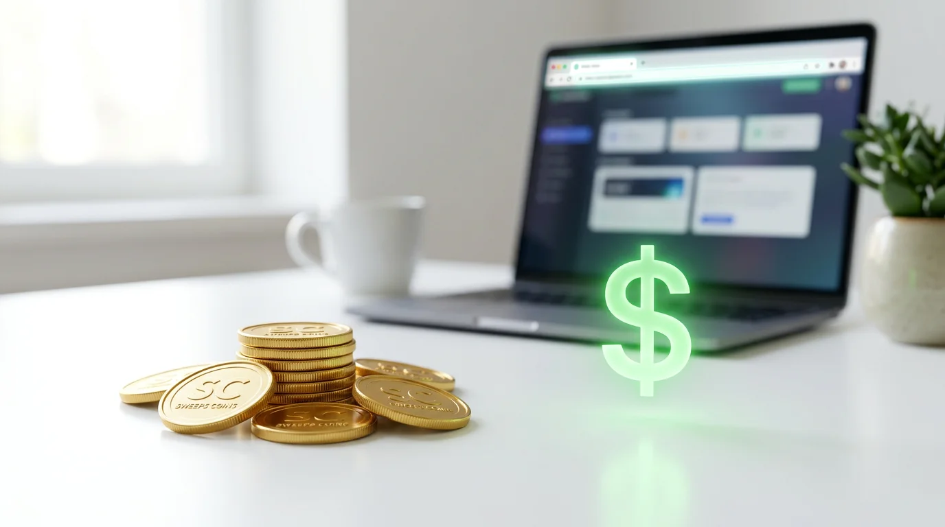 Gold coins transforming into a dollar symbol on a clean desk with a laptop in the background