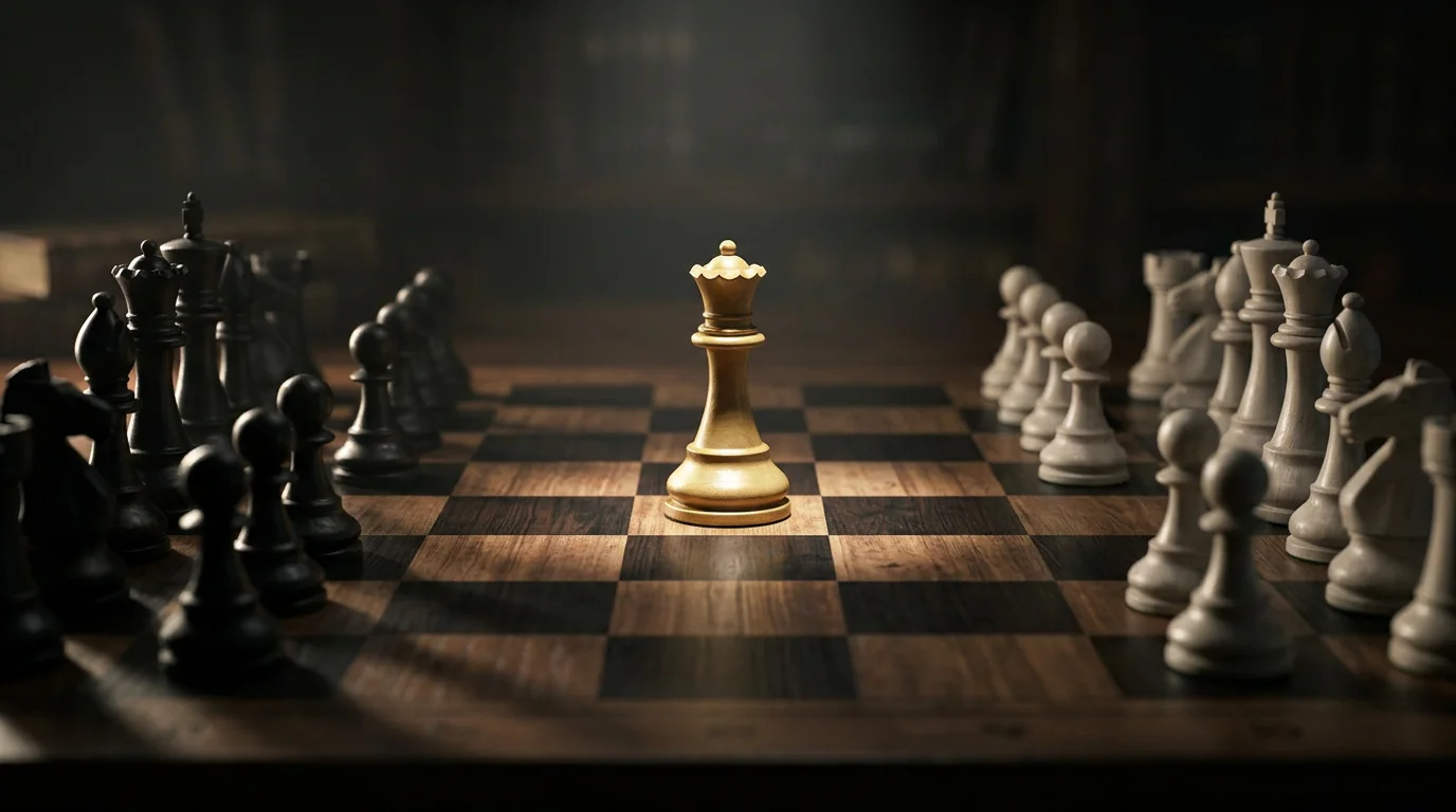 Chess pieces on a board with one piece highlighted by a spotlight representing strategic play