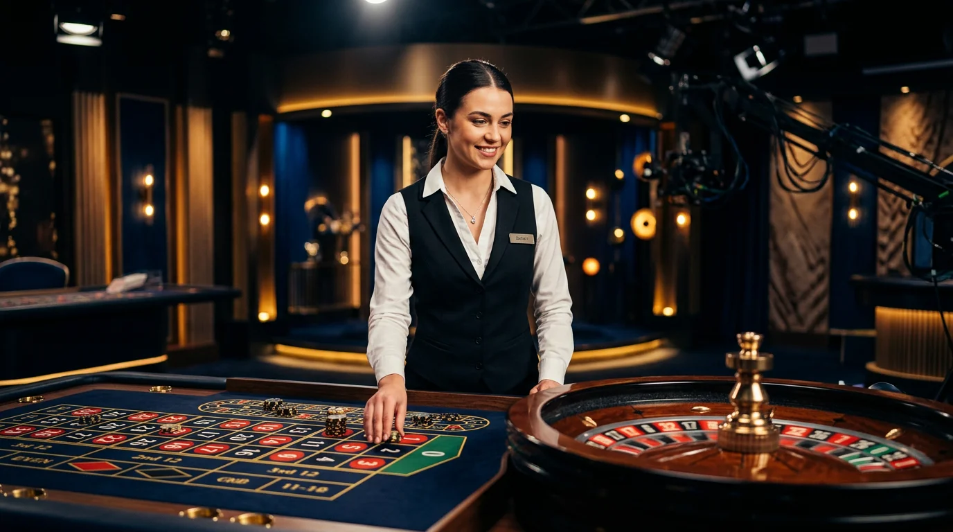 Professional live dealer standing behind a roulette table in a studio with dramatic lighting