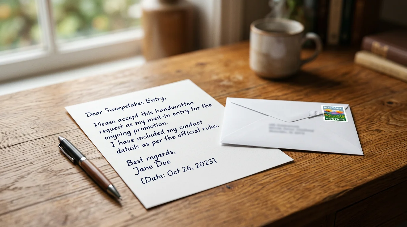 Handwritten letter and envelope with a stamp on a wooden desk ready to be mailed