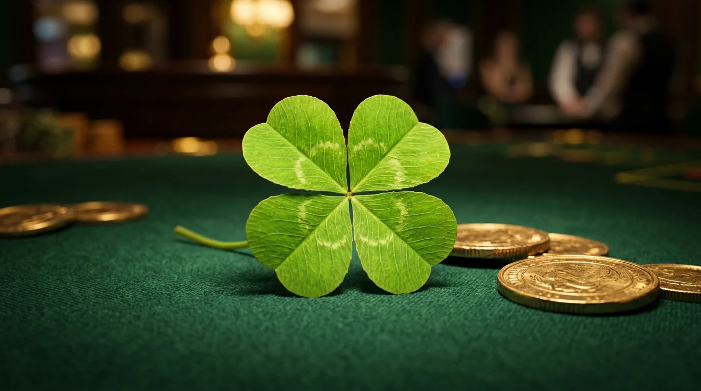 Four-leaf clover resting on a green felt table under warm casino lighting