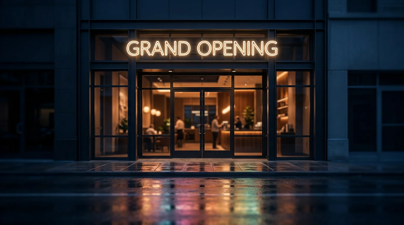 Modern storefront with a glowing
