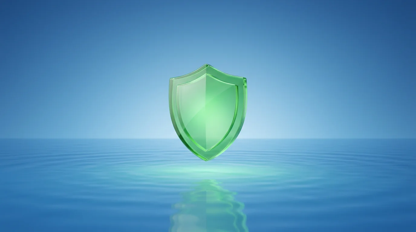 Protective shield icon glowing green on a calm blue background representing player safety