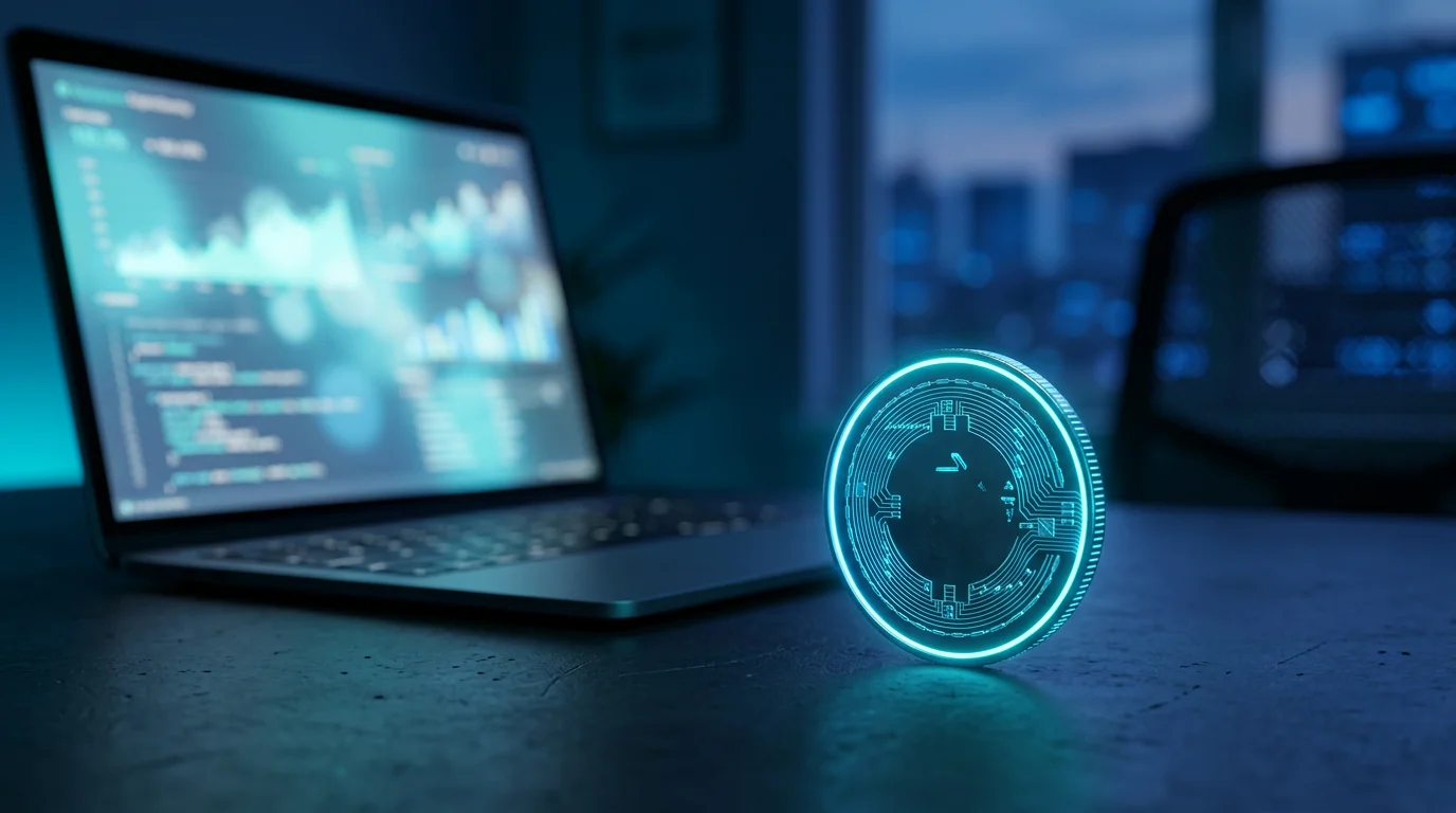 Glowing cryptocurrency coin next to a laptop on a dark desk with blue ambient light