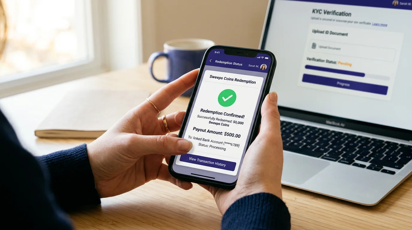 Sweeps Coins cash redemption process — person completing KYC verification on phone with payout confirmation