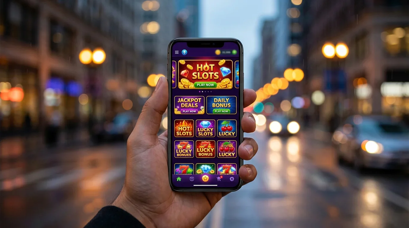 Smartphone held in hand displaying a casino game interface against a blurred city background