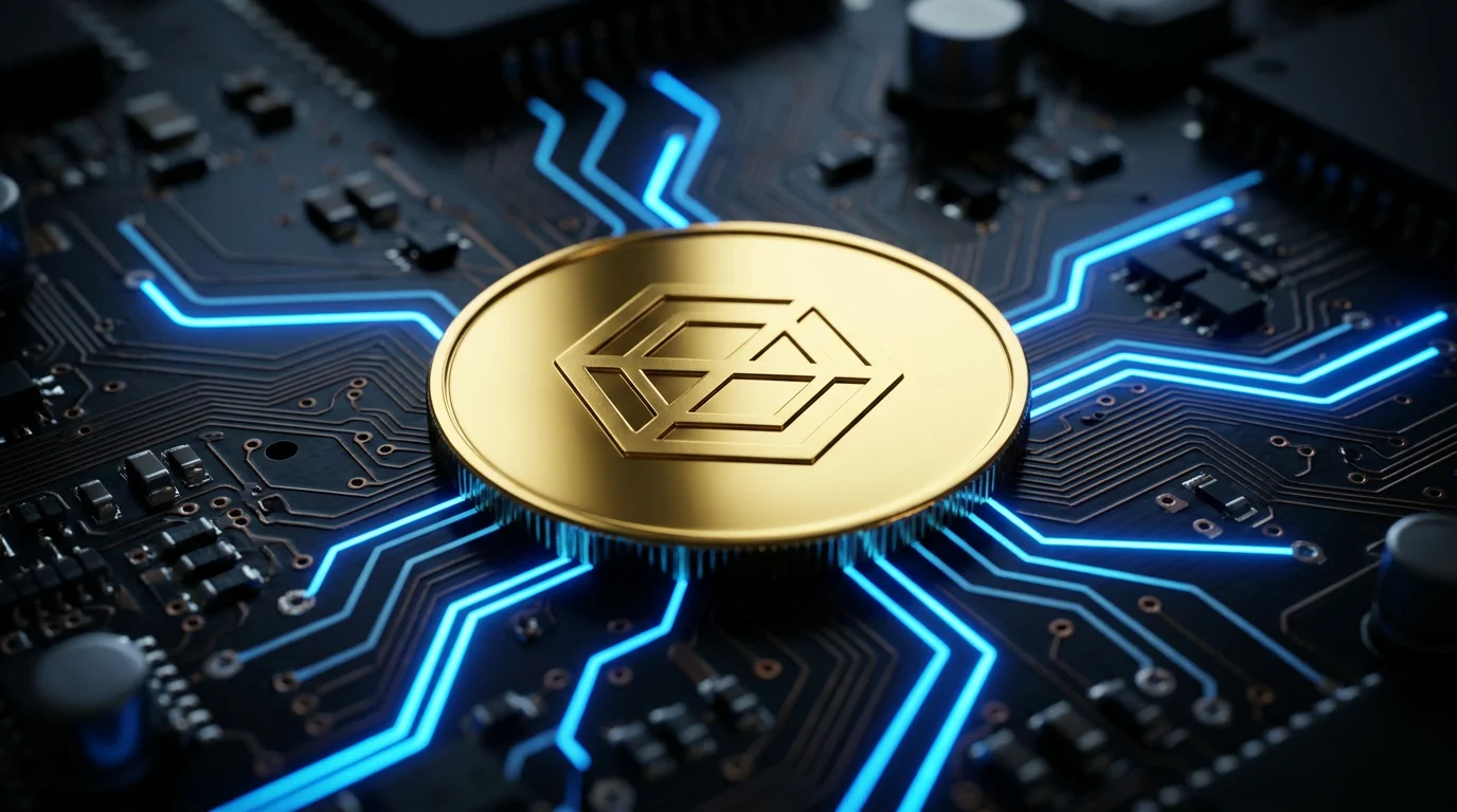 Generic cryptocurrency coin glowing on a circuit board surface with blue light