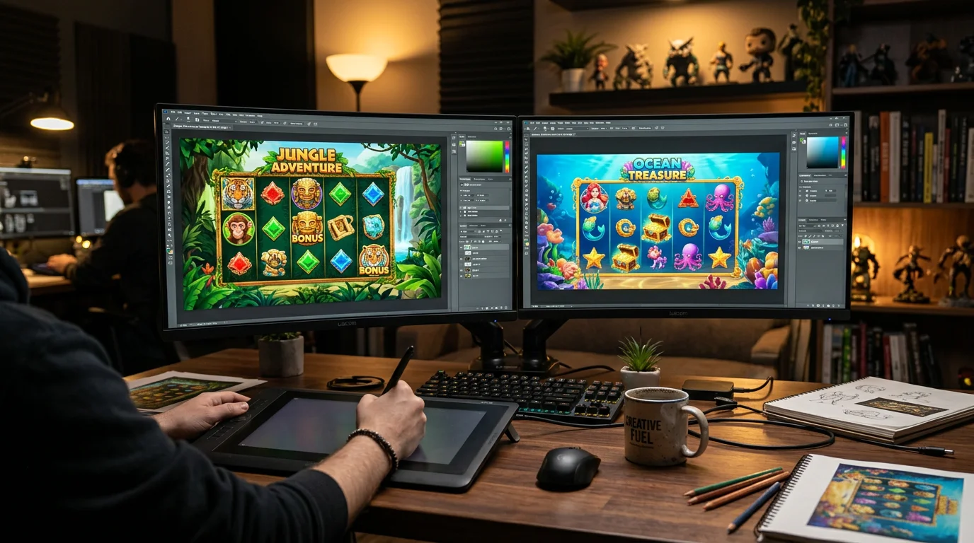 Computer workstation with multiple monitors showing colorful game design graphics in a studio