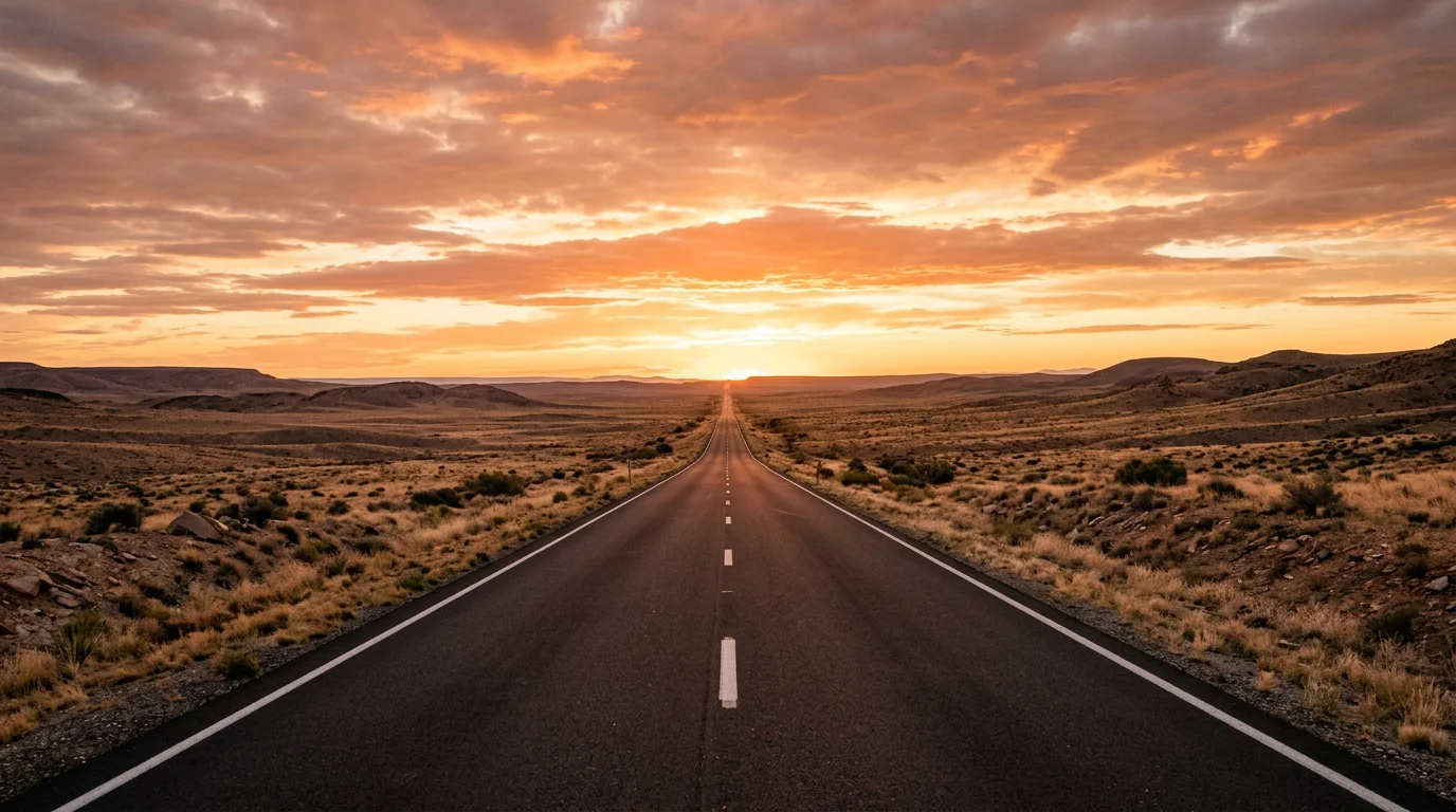 Road stretching toward the horizon at sunrise symbolizing the industry