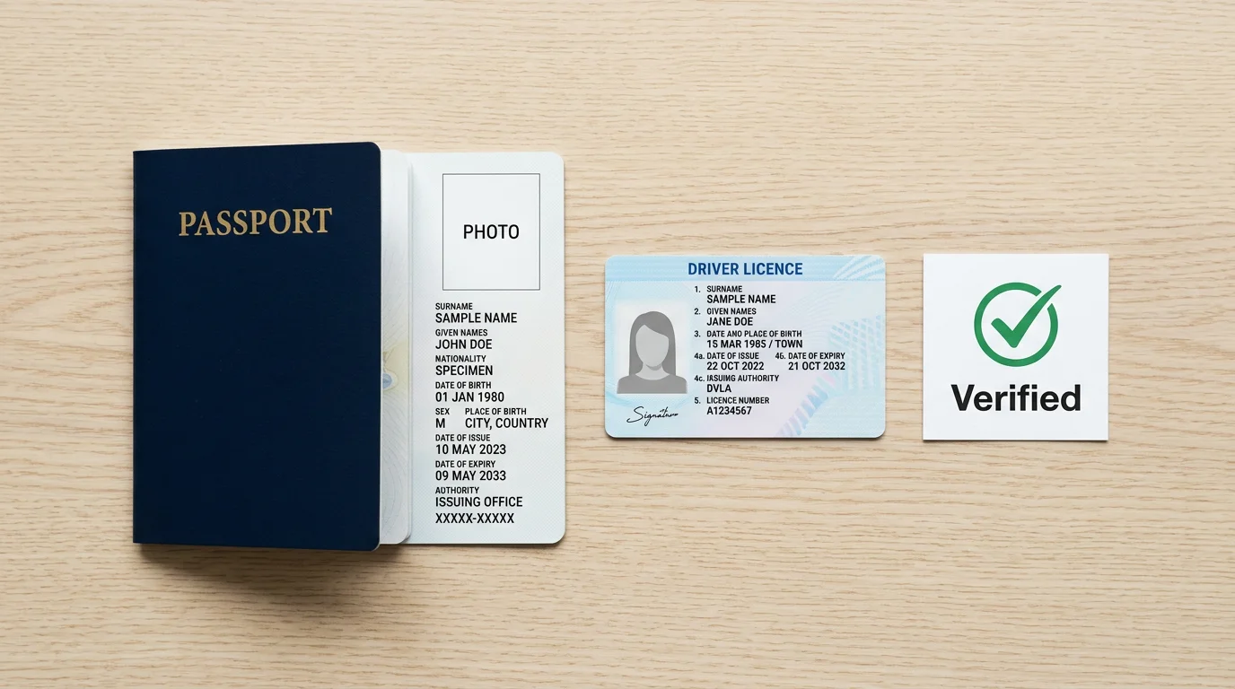 Passport and identification documents arranged on a desk with a verification checkmark icon