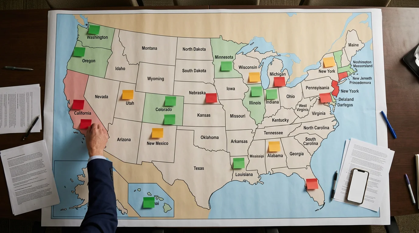 Sweepstakes casino legal states 2026 — U.S. map with color-coded state restrictions and bans