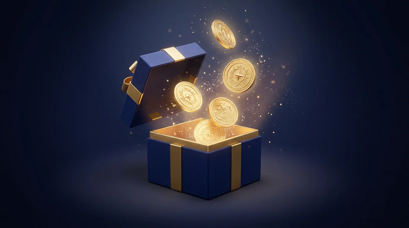 Gift box opening with gold coins floating upward against a dark background