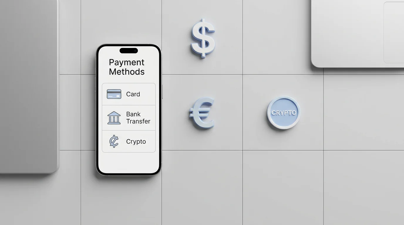 Multiple payment icons arranged on a flat surface including phone, laptop, and symbolic currency signs