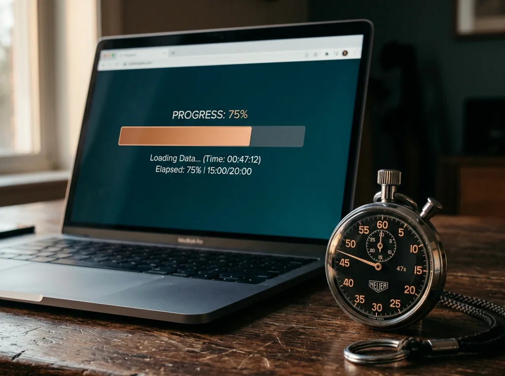 Stopwatch on a desk next to a laptop showing a simple progress bar