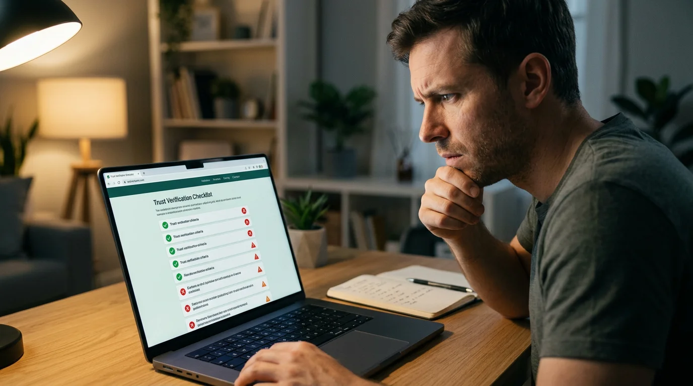 Sweepstakes casino safety check — person researching operator legitimacy with trust indicators on screen
