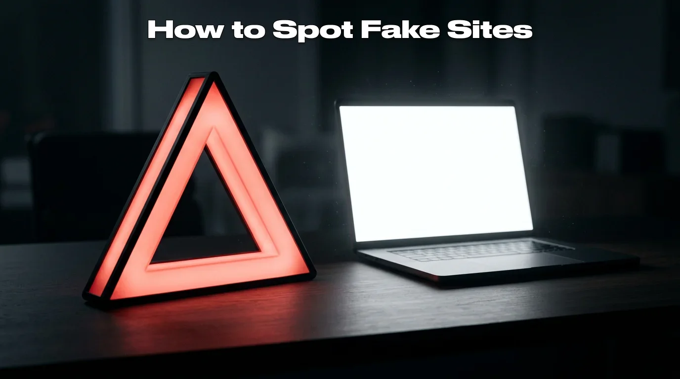 Warning triangle sign glowing red on a dark desk next to a laptop screen