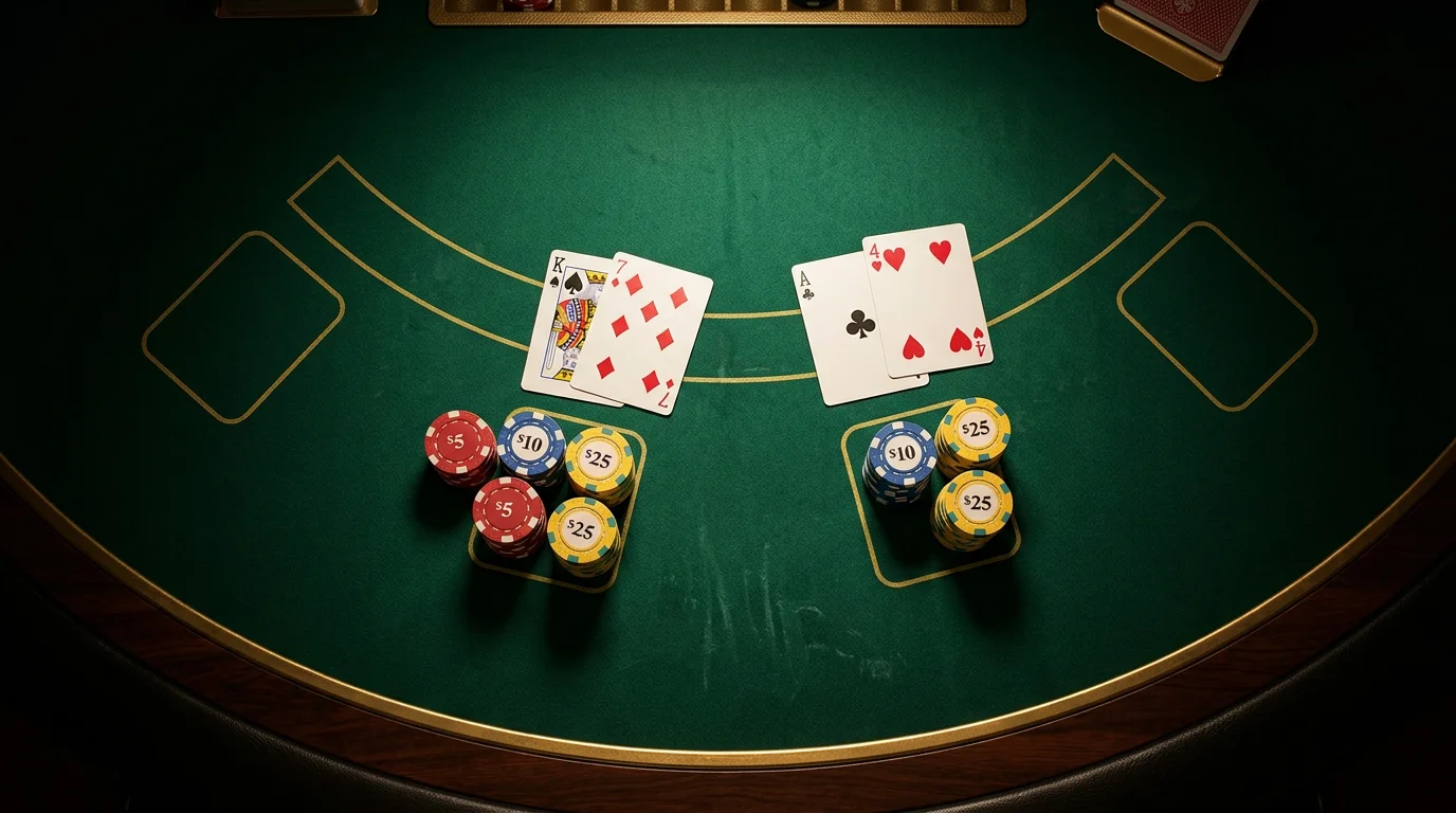 Overhead view of a casino blackjack table with cards and chips neatly arranged
