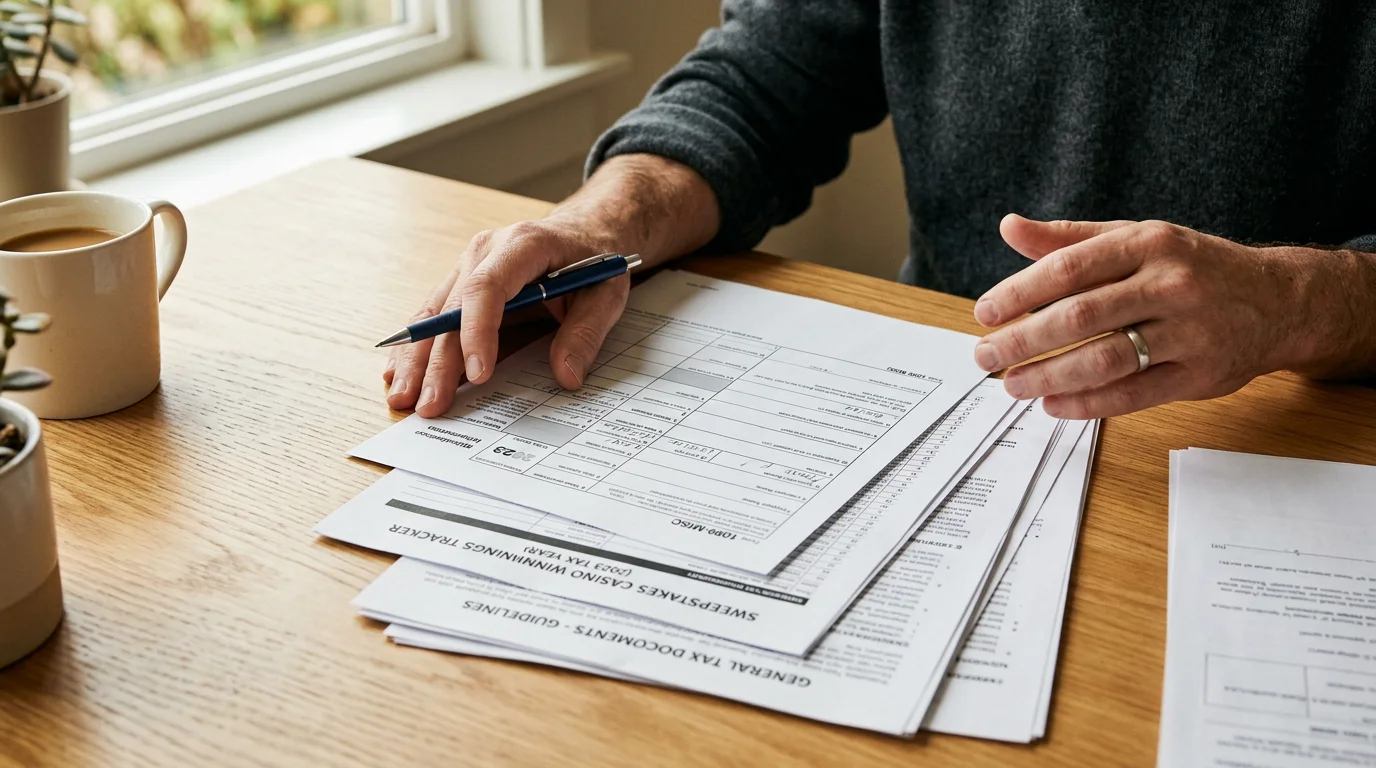 Person reviewing tax documents at a desk with a pen and organized paperwork
