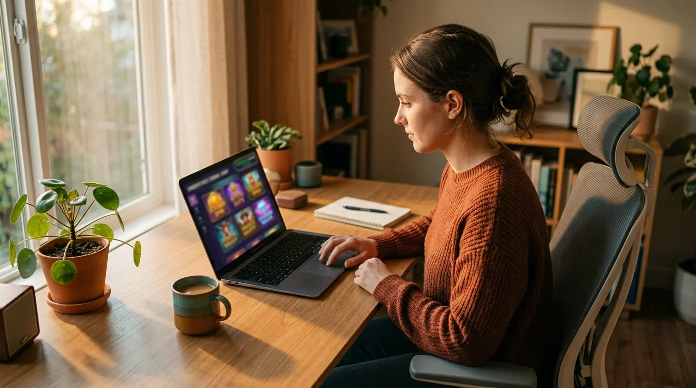 Sweepstakes casinos real money guide 2026 — laptop showing casino lobby with Sweeps Coins balance on screen