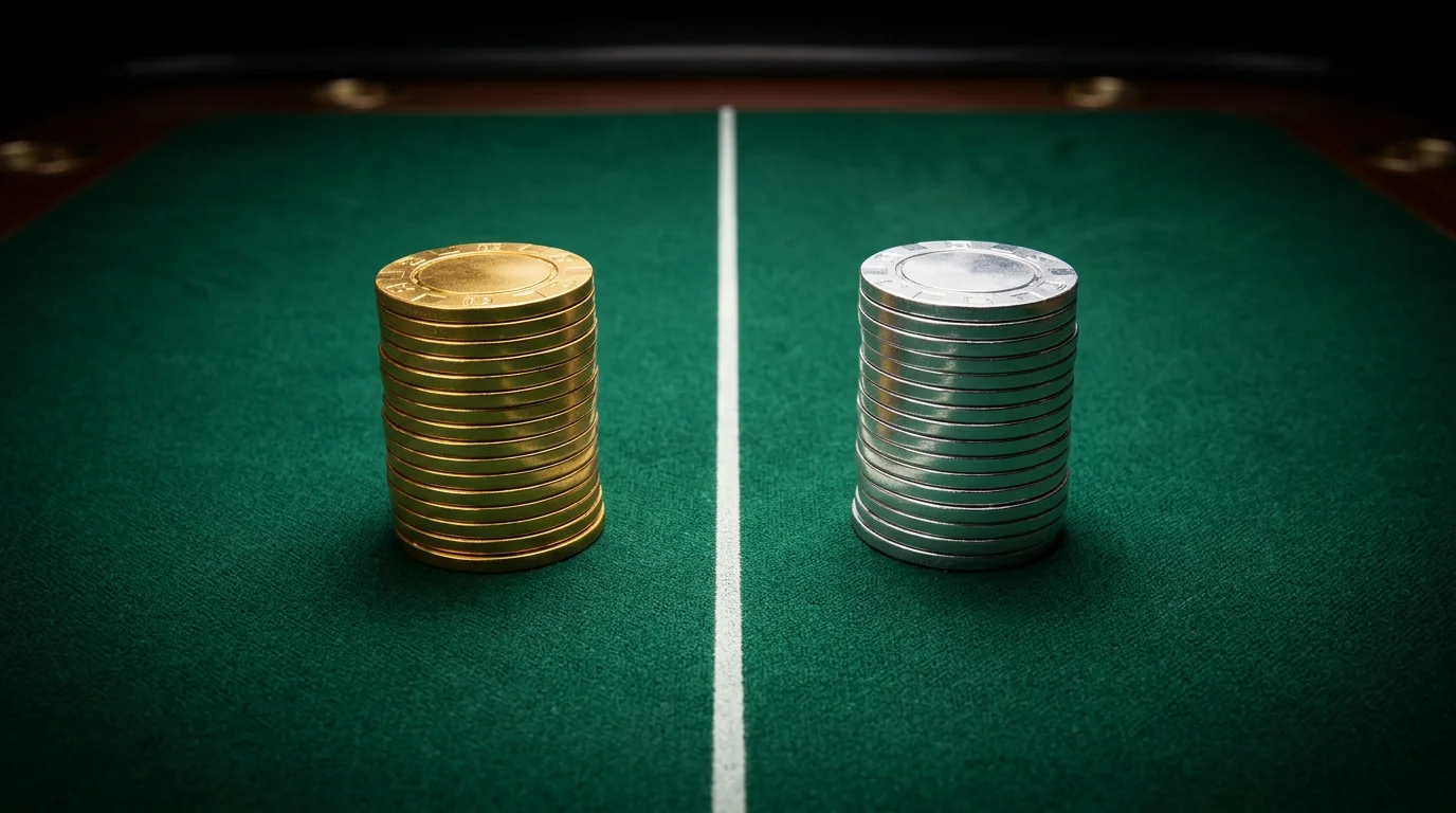 Two casino chip stacks side by side, one gold and one silver, divided by a line on a felt table