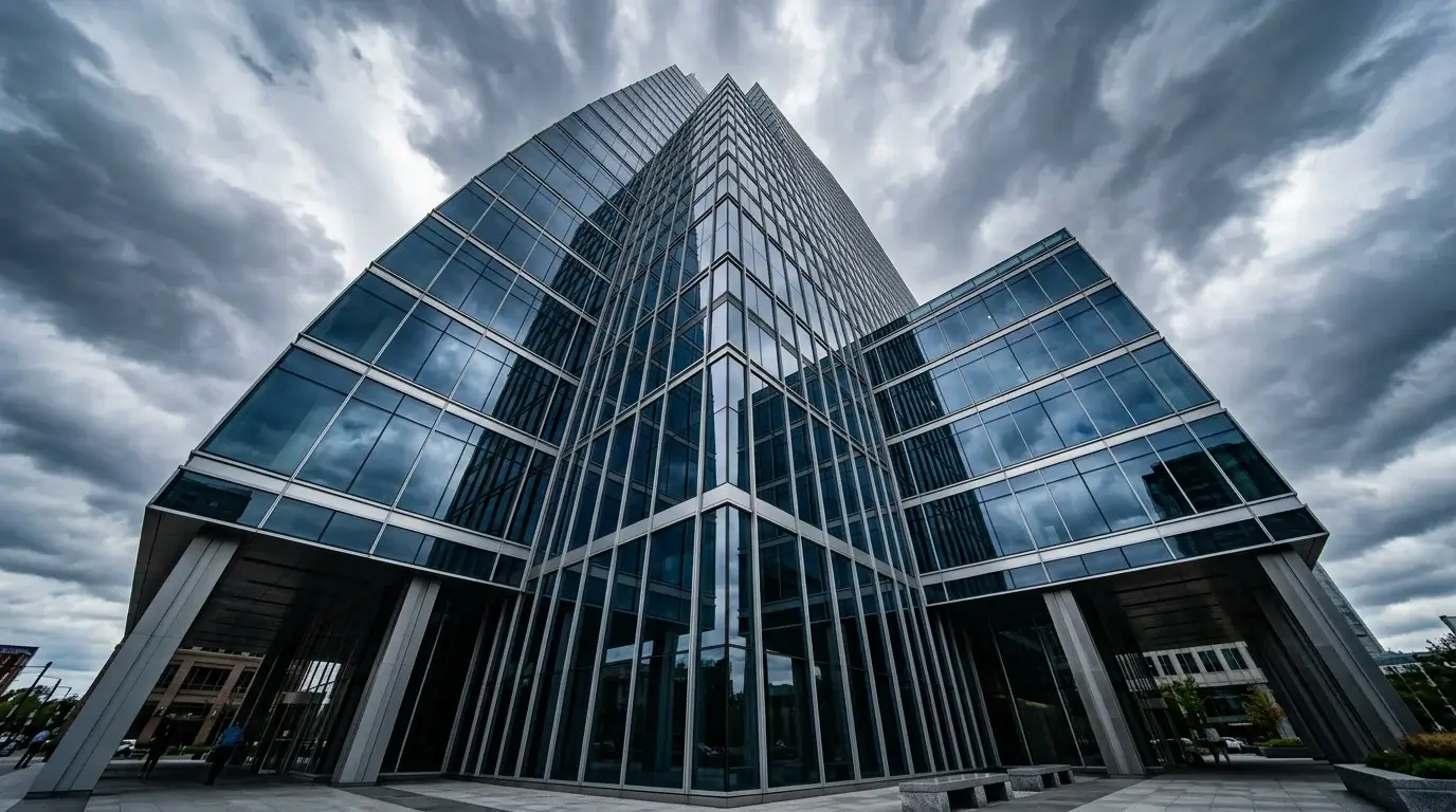 Corporate office building facade shot from below against a dramatic sky